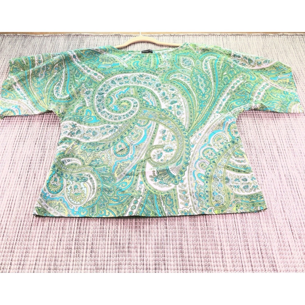 Talbots Silk Paisley Blouse Green White Blue Short Sleeve Optional Tie MP Petite